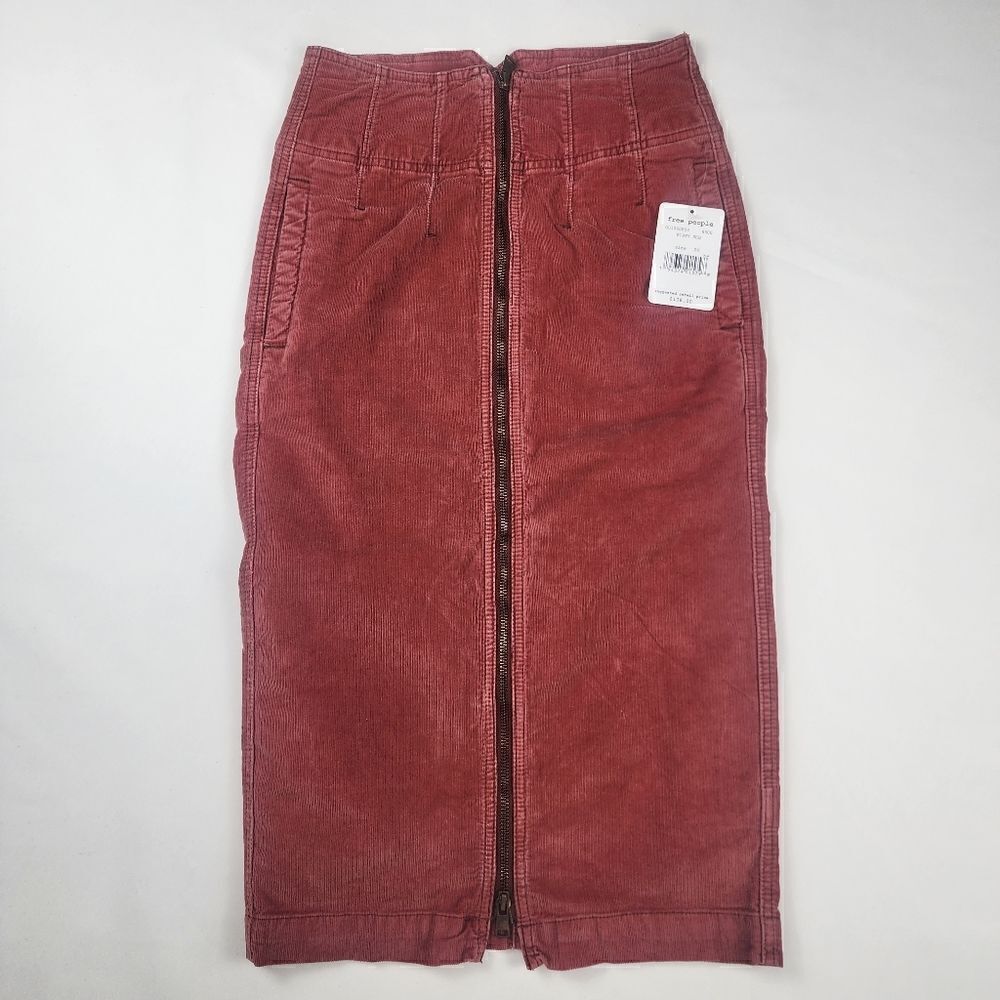 New Free People Women Sz 24 Slim Fit Pencil Red Skirt Full Zip Midi Corduroy